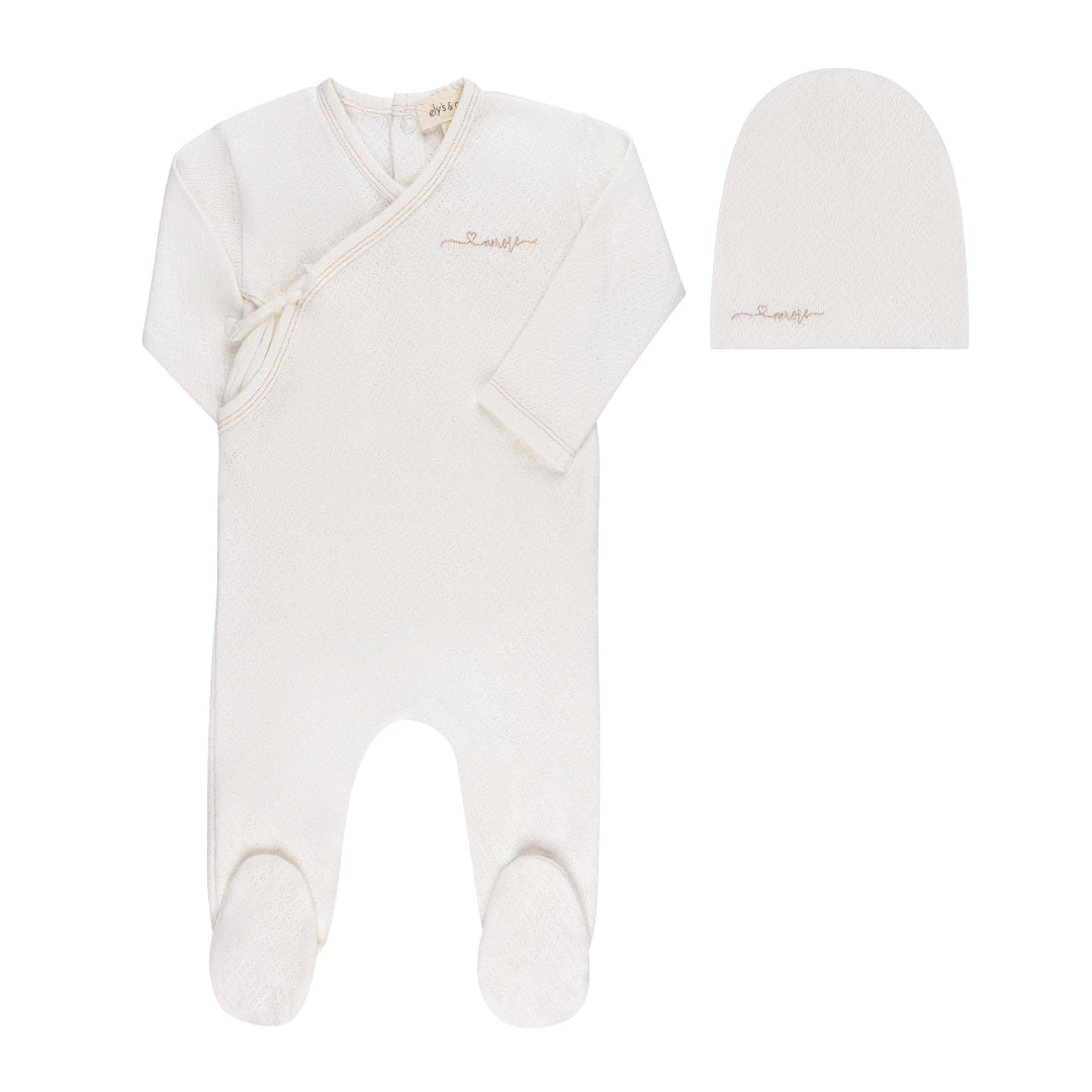 Ivory/ Rose Gold Organic Amore Pointelle Footie + Beanie