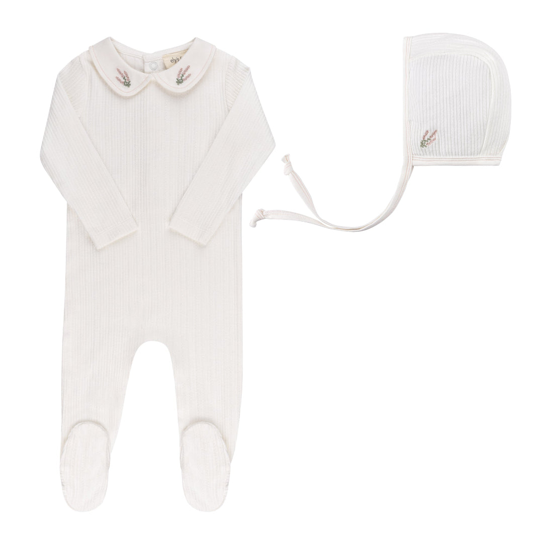 Ivory Pink Heather Organic Embroidered Collar Footie + Bonnet