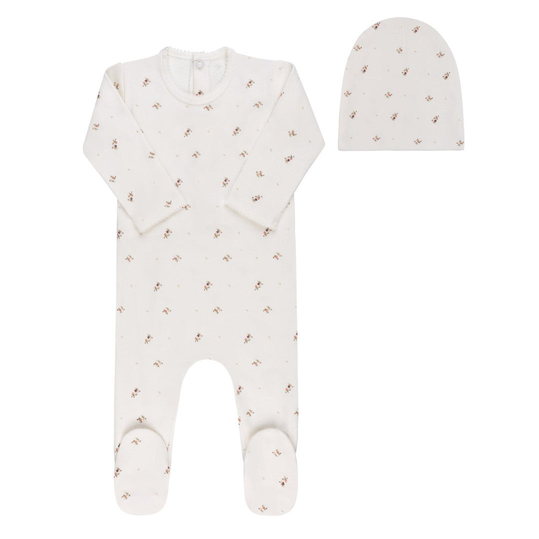 Ivory/Pink Floral Print Collection Footie + Beanie