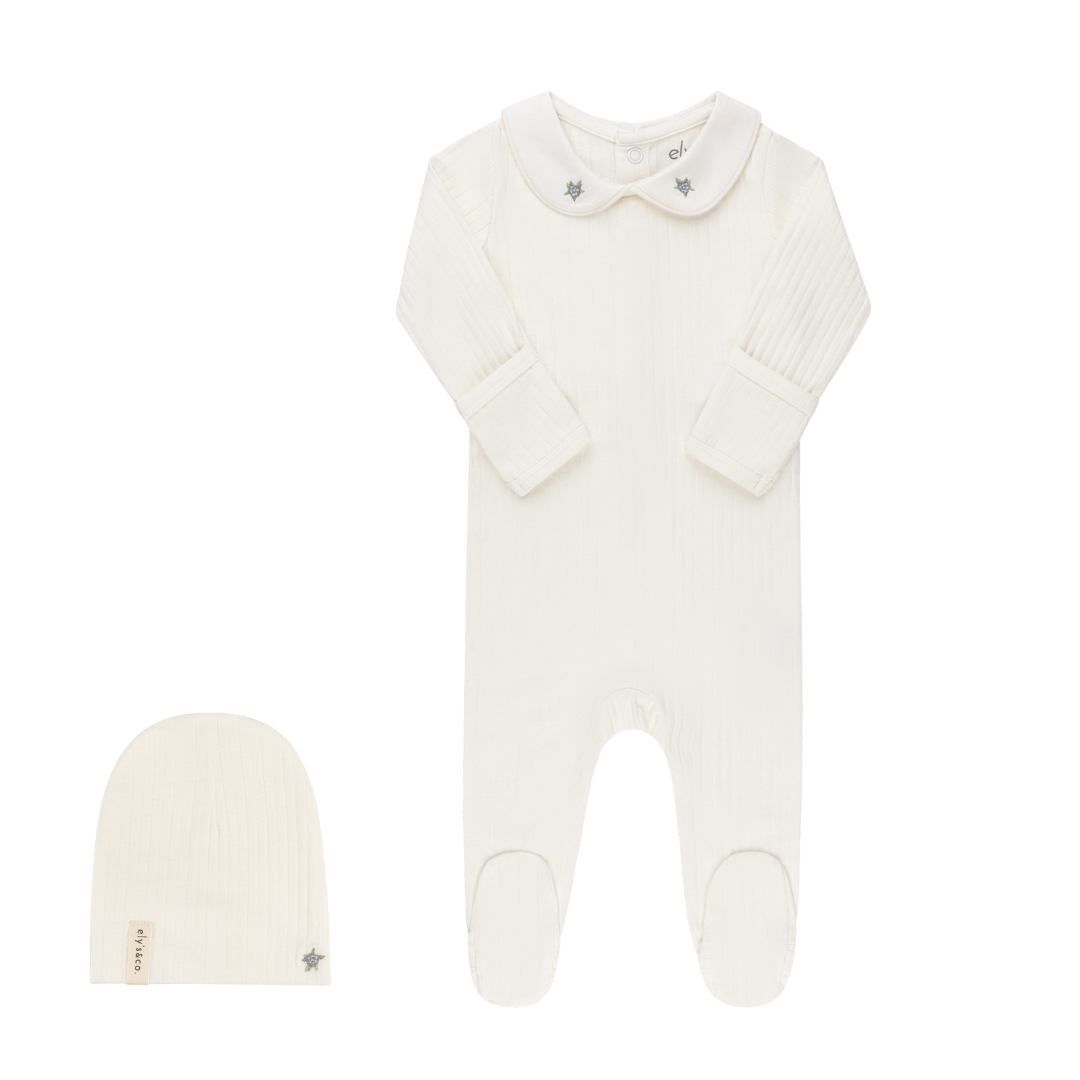 Ivory/Blue Wide Rib Rosebud Footie & Beanie