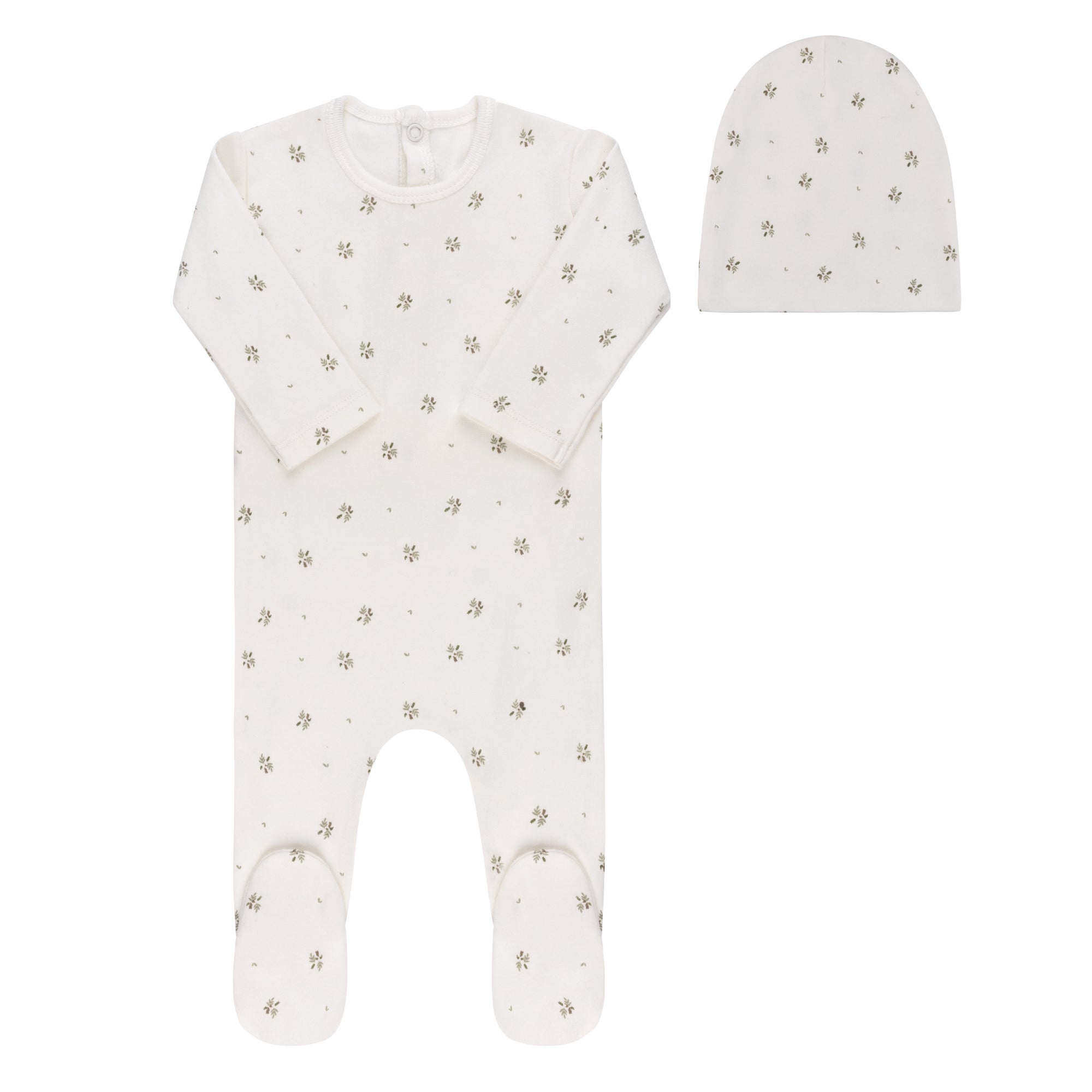 Ivory/Sage Floral Print Collection Footie + Beanie