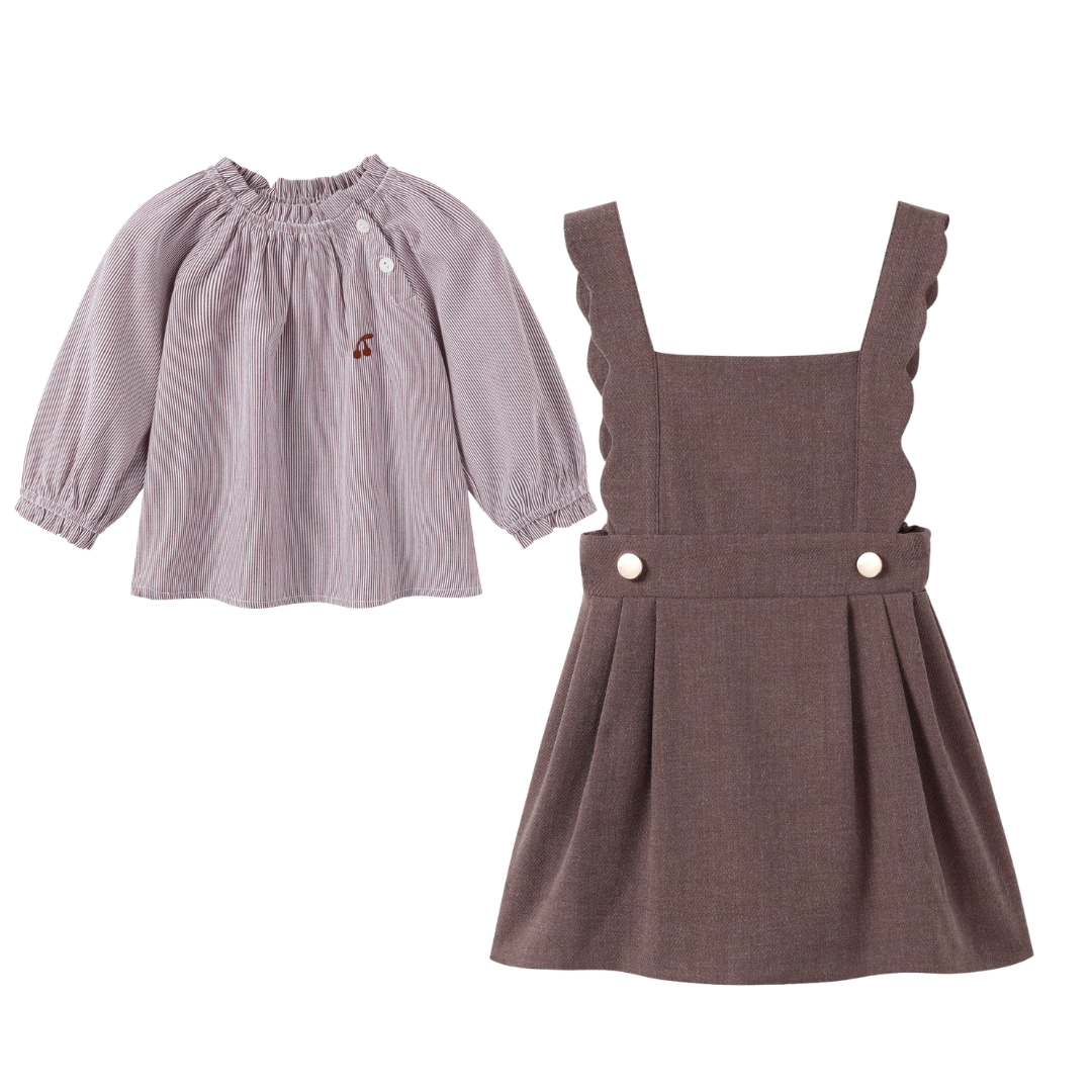 Brown Scallop Wool Jumper & Pinstripe Blouse Set