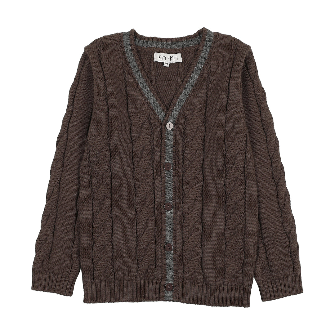 Brown/ Grey Knit Contrast Trim Cardigan