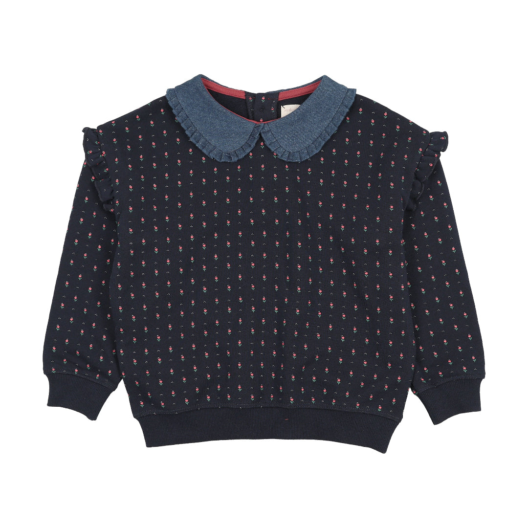 Navy Print Sweet Campaign Denim Collar Ruffle Sweatshirt