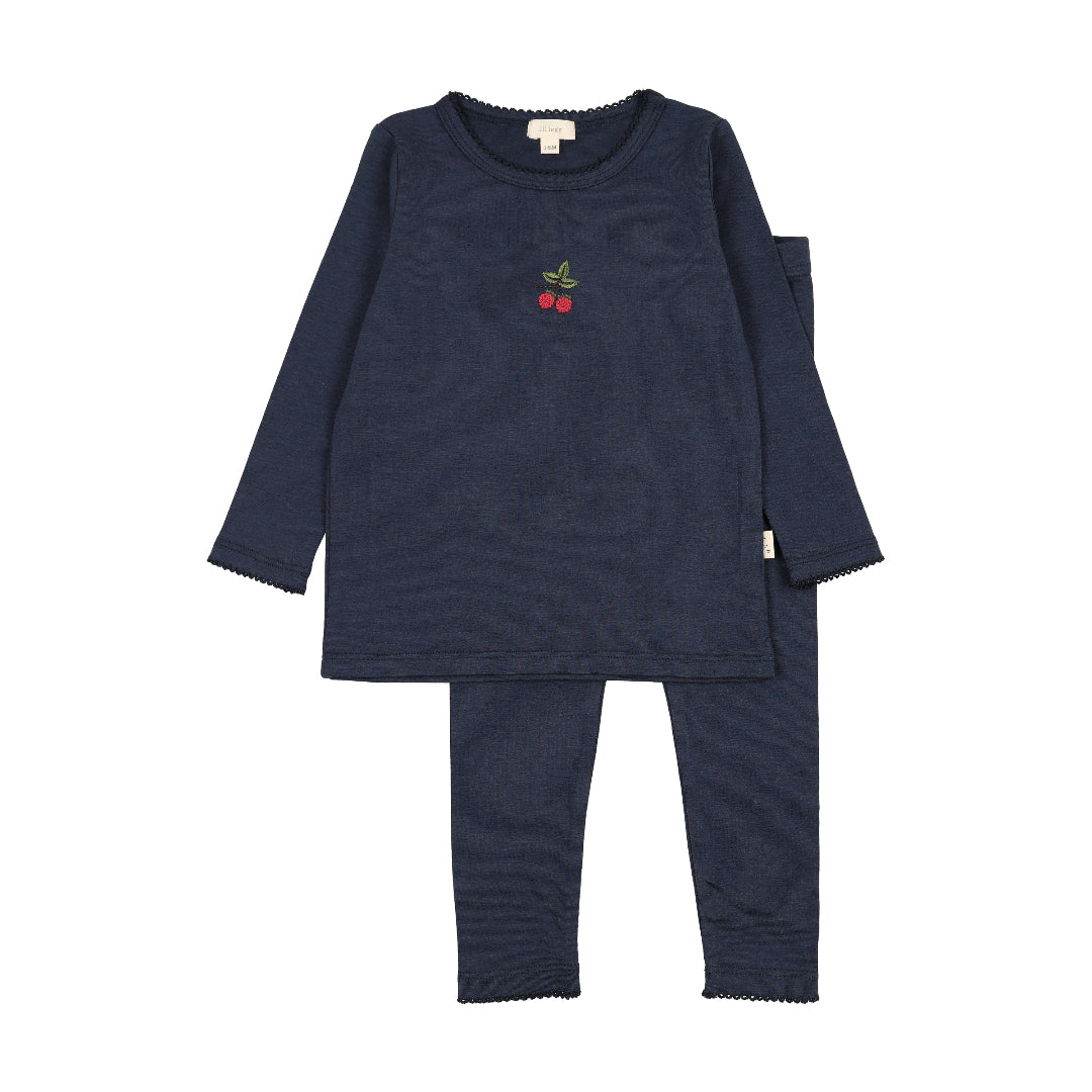 Navy Cherry Embroidered Lounge Set