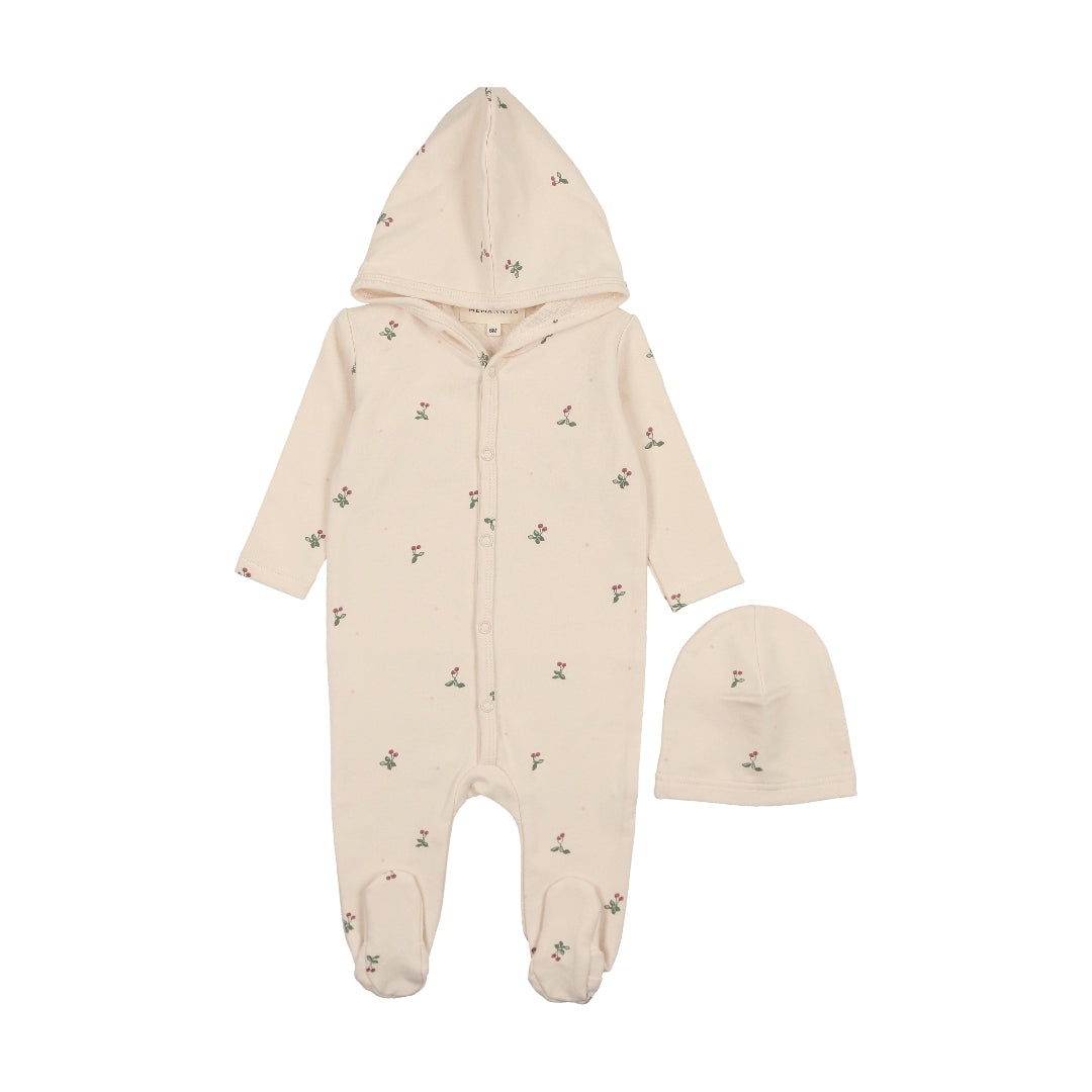 Ecru/ Cherry Print Hooded Print Footie + Beanie