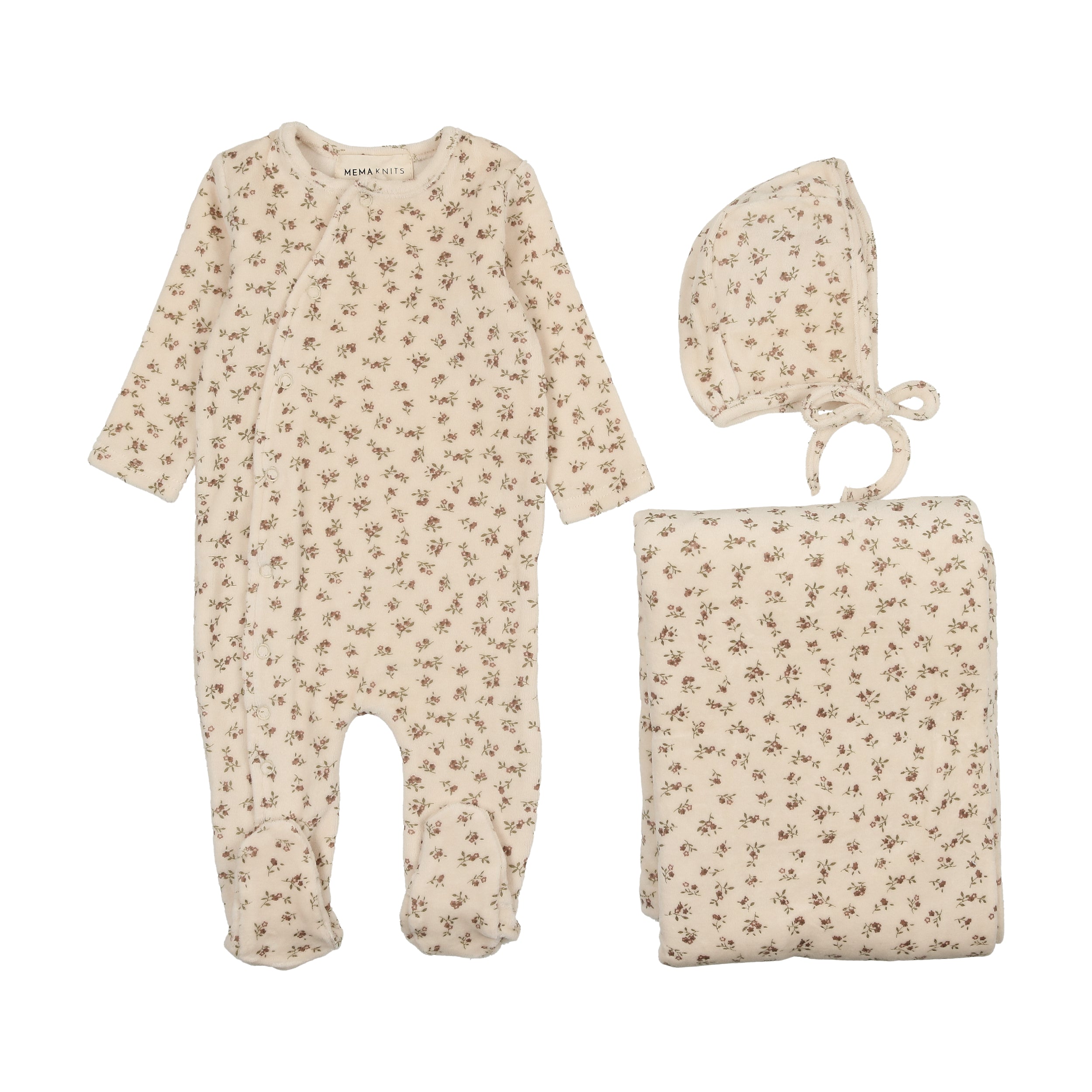 Ecru/Pink Printed Velour Side Snap Layette Set