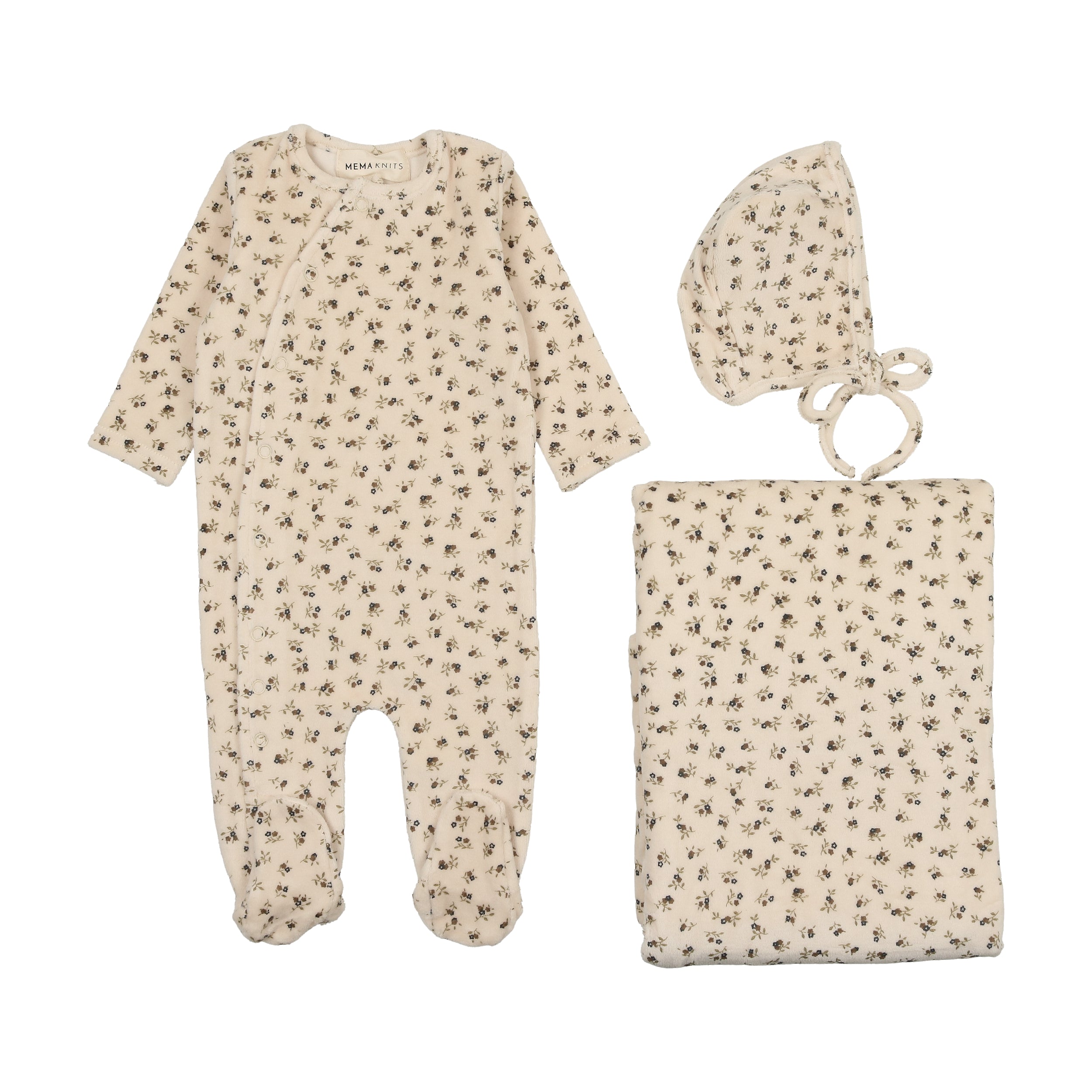 Ecru/Blue Printed Velour Side Snap Layette Set