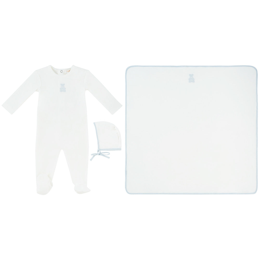 White/ Blue Petit Ours Velour Footie, Hat, & Blanket Set
