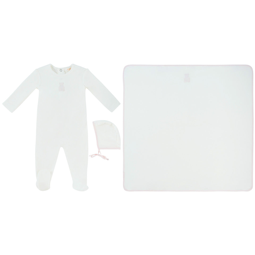 White/ Pink Petit Ours Velour Footie, Hat, & Blanket Set