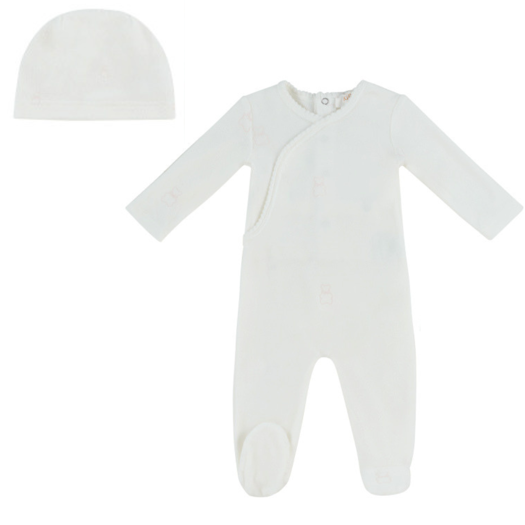 Pink Petit Ours Pattern Velour Footie and Hat Set