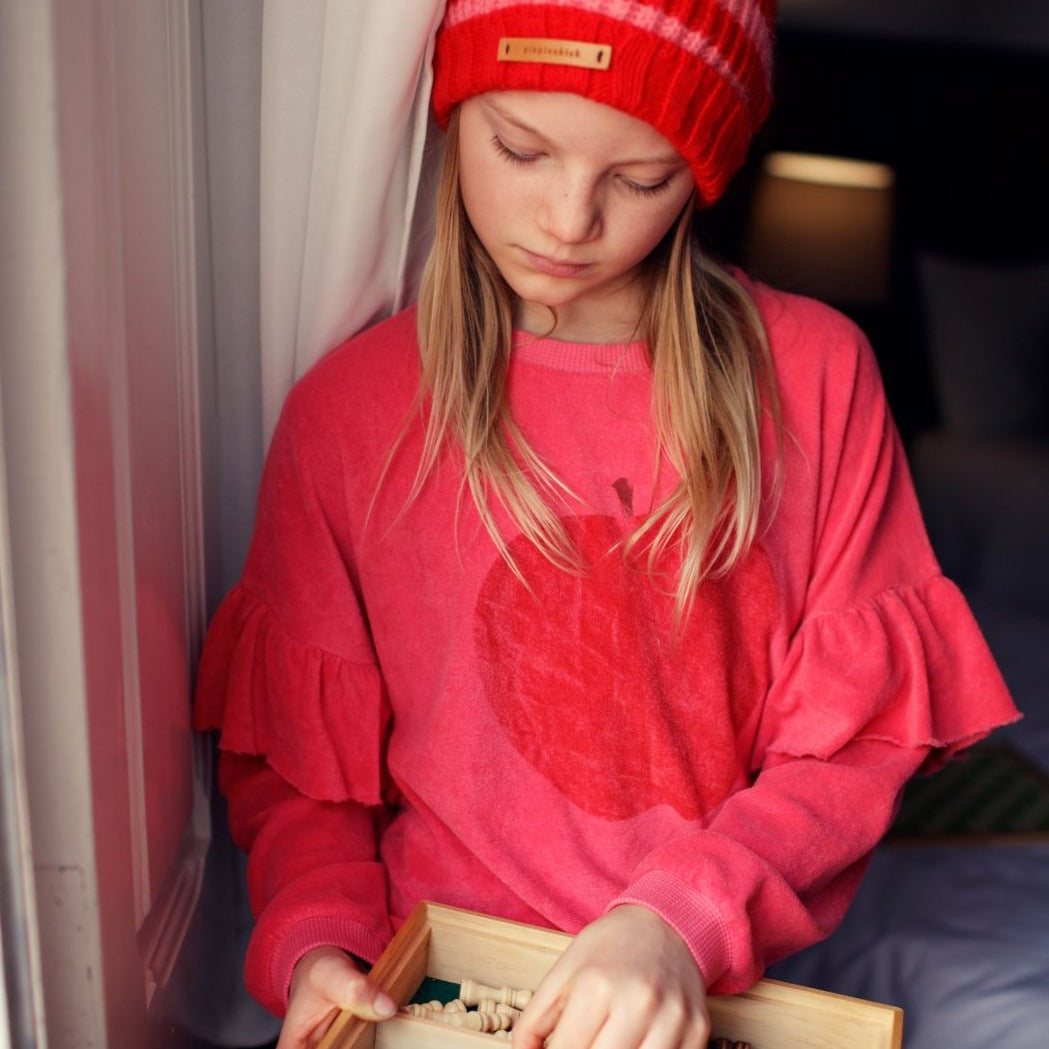 Strawberry w/ Red Apple Print Pink Terry Sweatshirt