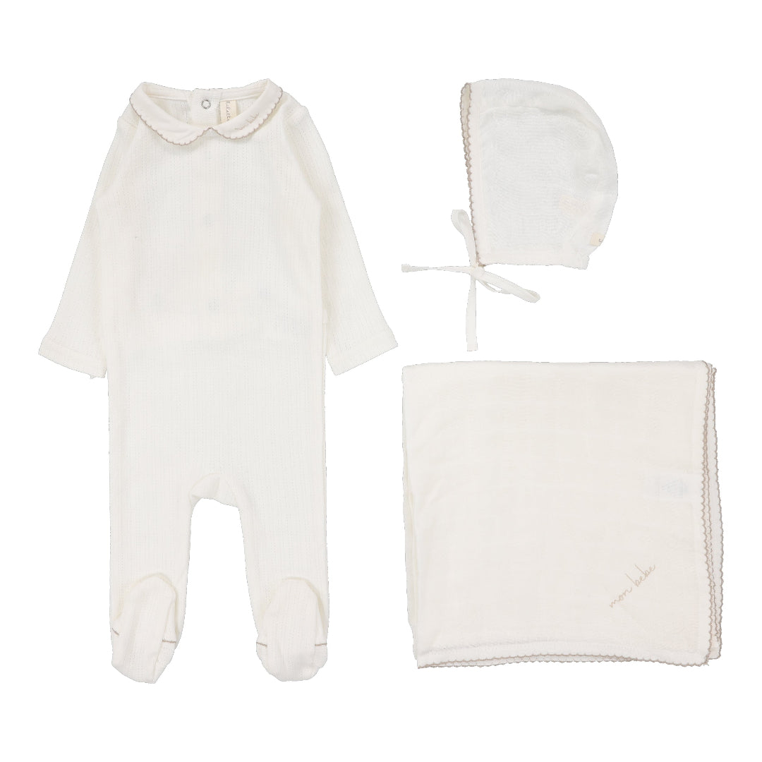 Winter White/ Oat Edged Collar Layette Set