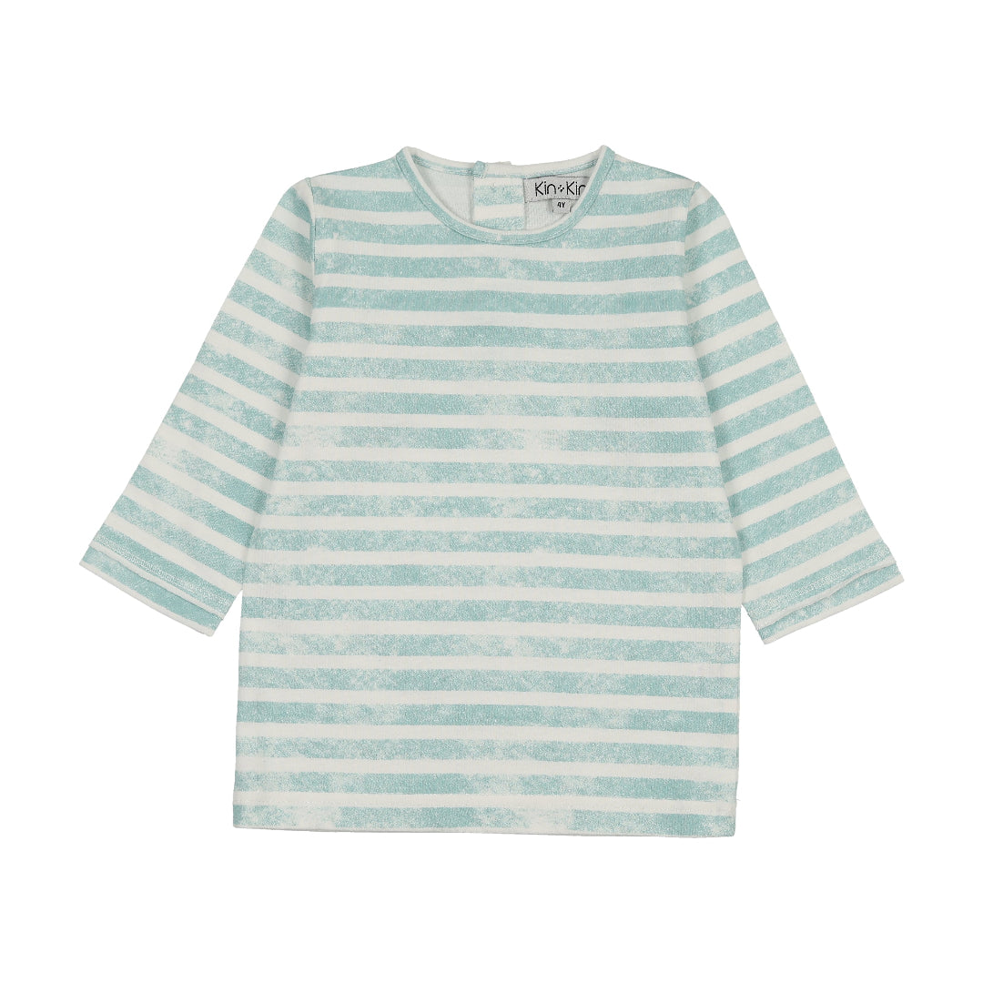Soft Blue Striped 3/4 Sleeve T-Shirt