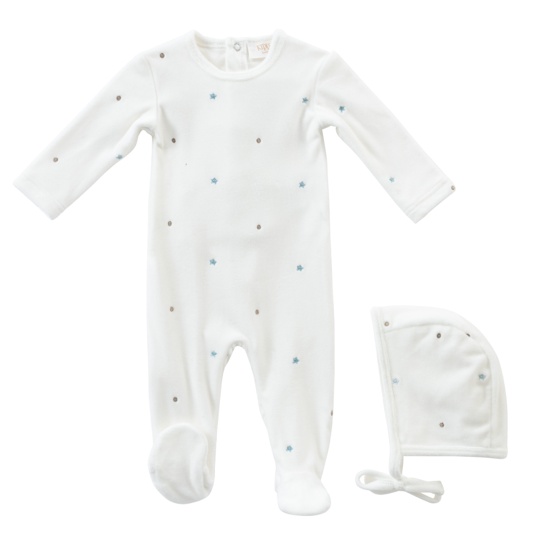 Sage Star Velour Romper & Bonnet Set