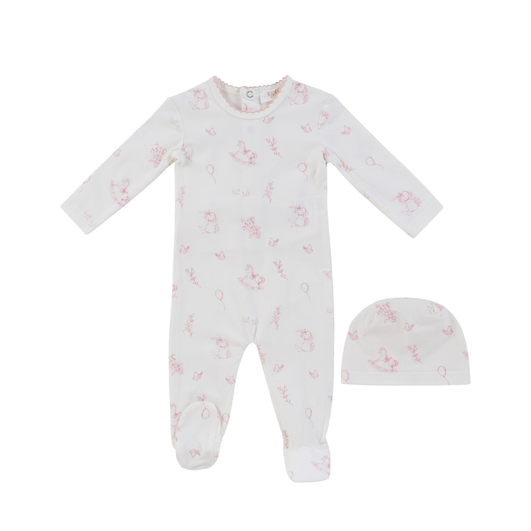 Pink Toile Footie & Hat Set