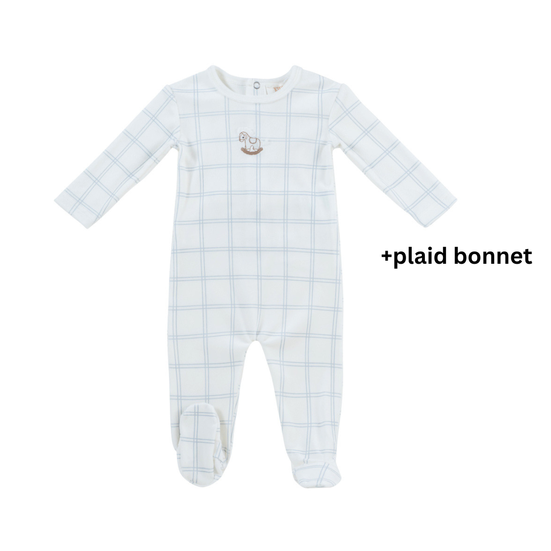 Blue Petit Ours Whinny Plaid Velour Footie and Bonnet Set
