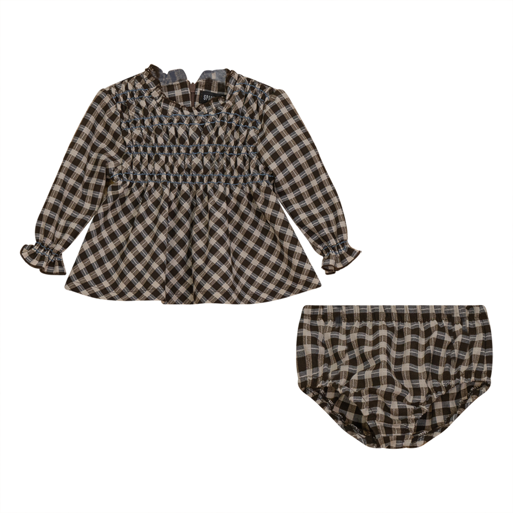 Space Grey Brown Plaid Smocking Shirt & Bloomer Set