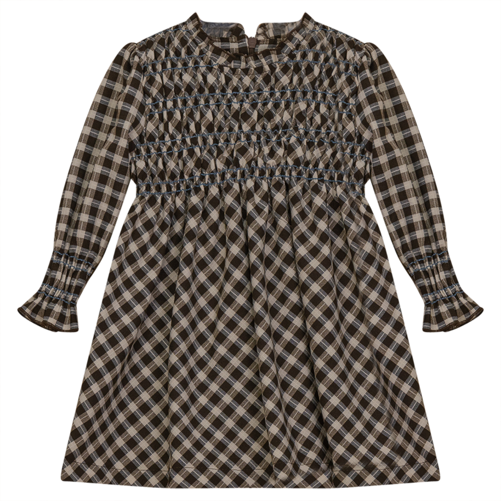 Space Grey Brown Plaid Smocking Front Dress