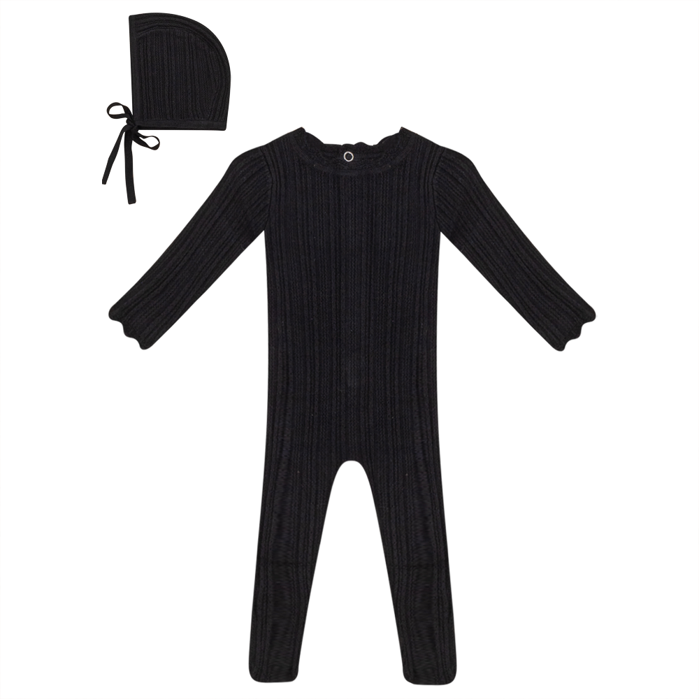 Black Fancy Rib Knit Footie & Bonnet