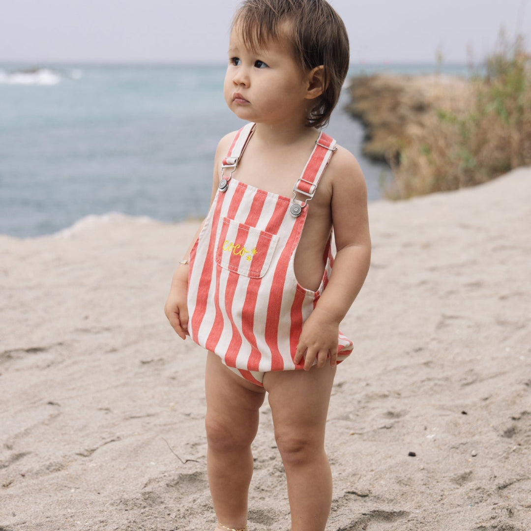 Coral Striped Short Overalls