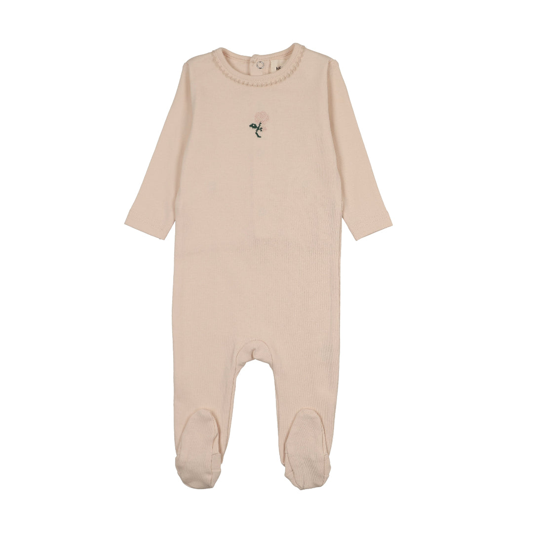 Light Pink/Pale Pink Flower Embroidered Footie