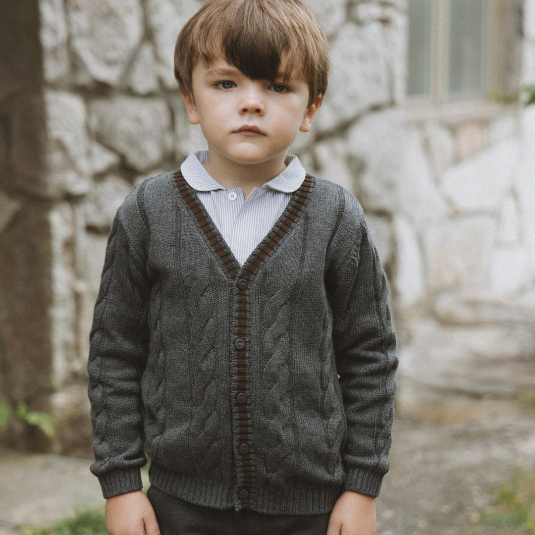 Grey/ Brown Knit Contrast Trim Cardigan