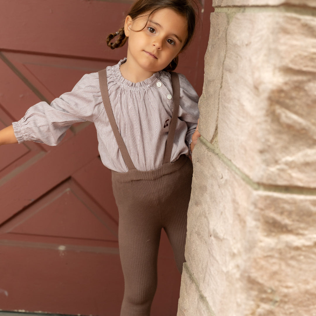 Brown Pinstripe Blouse & Knit Suspenders Set