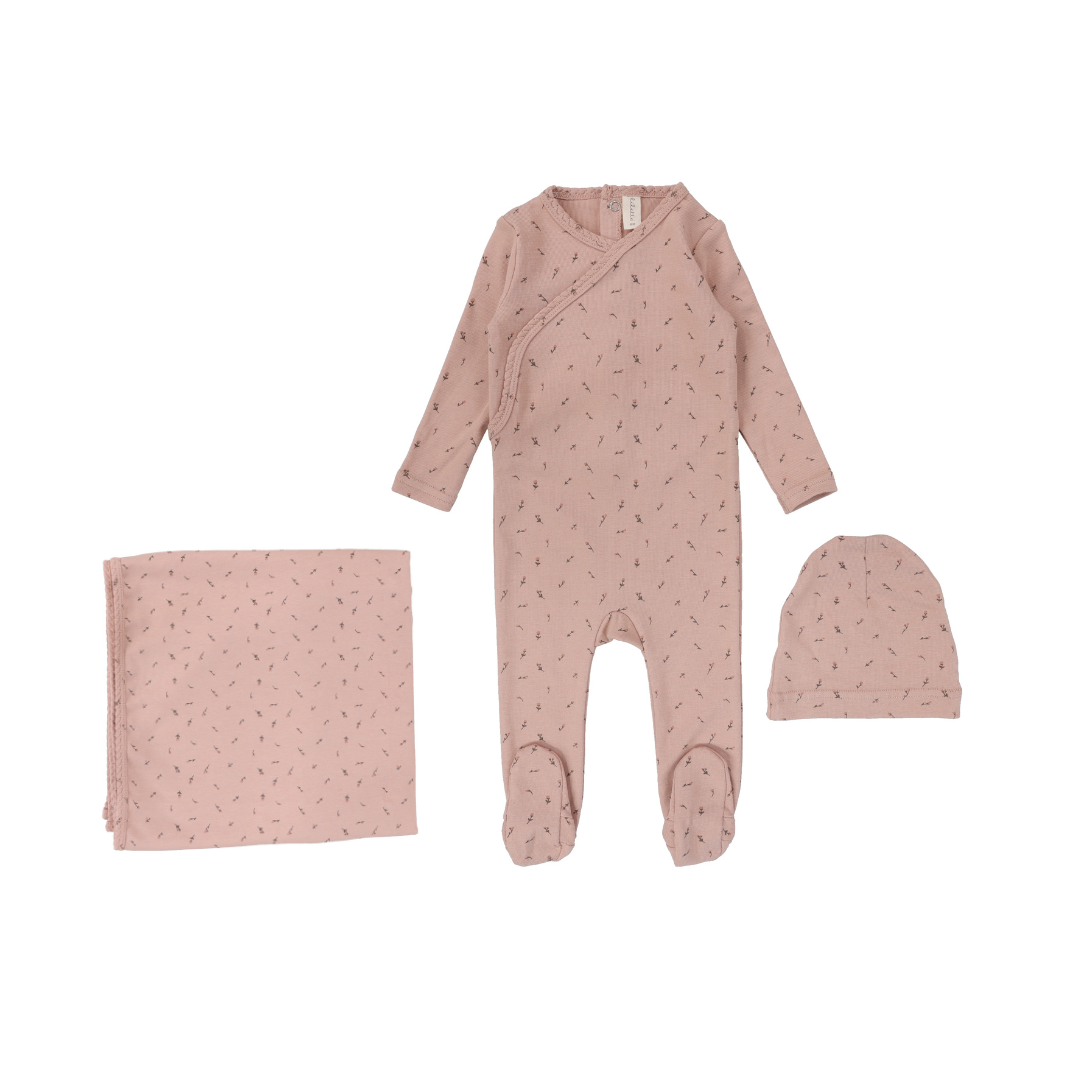 Pink Scattered Branch Printed Wrapover Layette Set