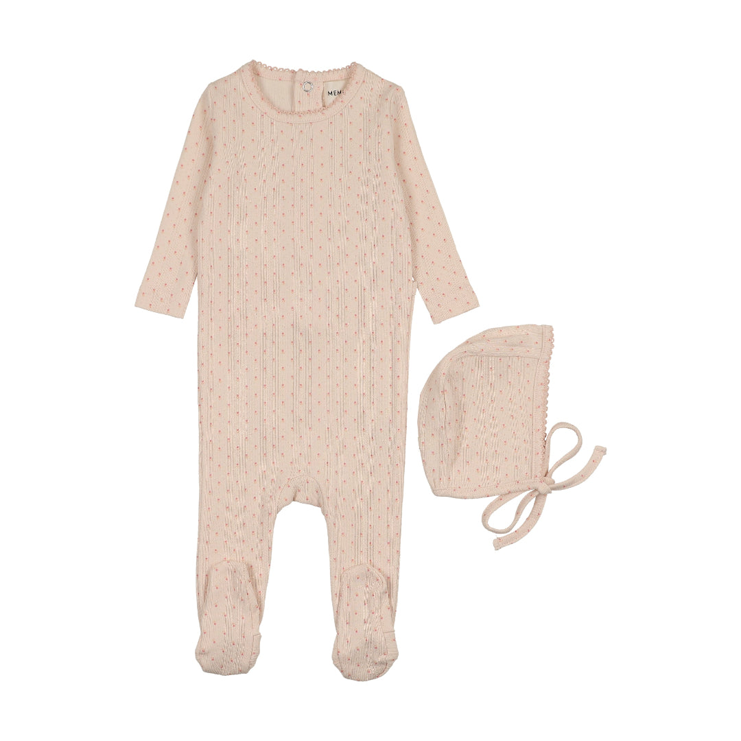 Pink Tulip Print Pointelle Footie + Bonnet