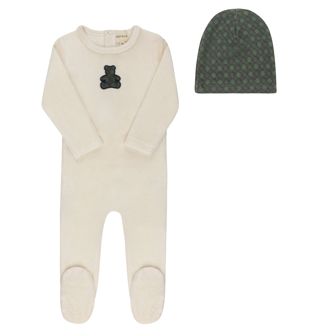 Ivory Velour Plaid Bear Collection Footie + Beanie Boy