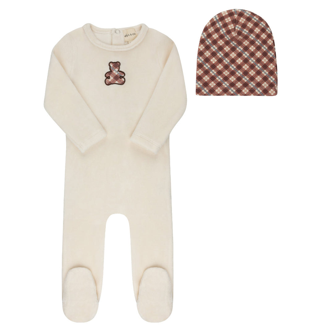 Ivory/Pink Velour Plaid Bear Collection Footie+Beanie