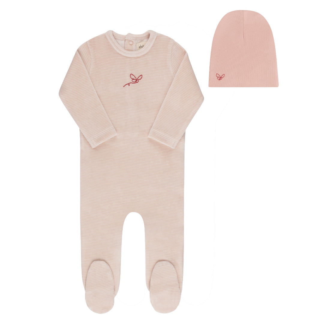 Light Pink Velour Striped Collection Footie + Beanie