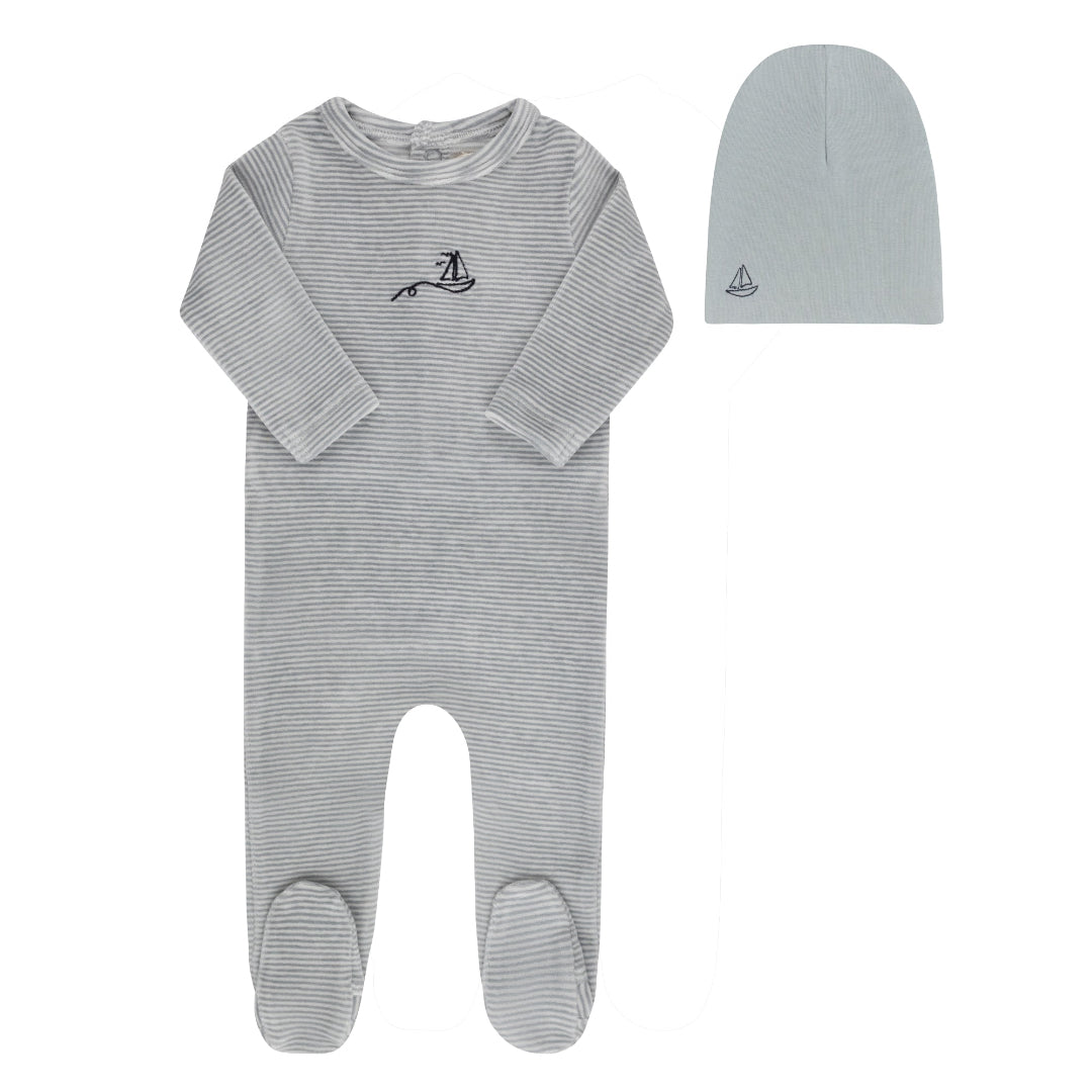 Light Blue Velour Striped Collection Footie + Beanie