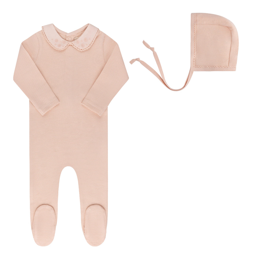 Pink Embroidered Collar Collection Footie + Bonnet