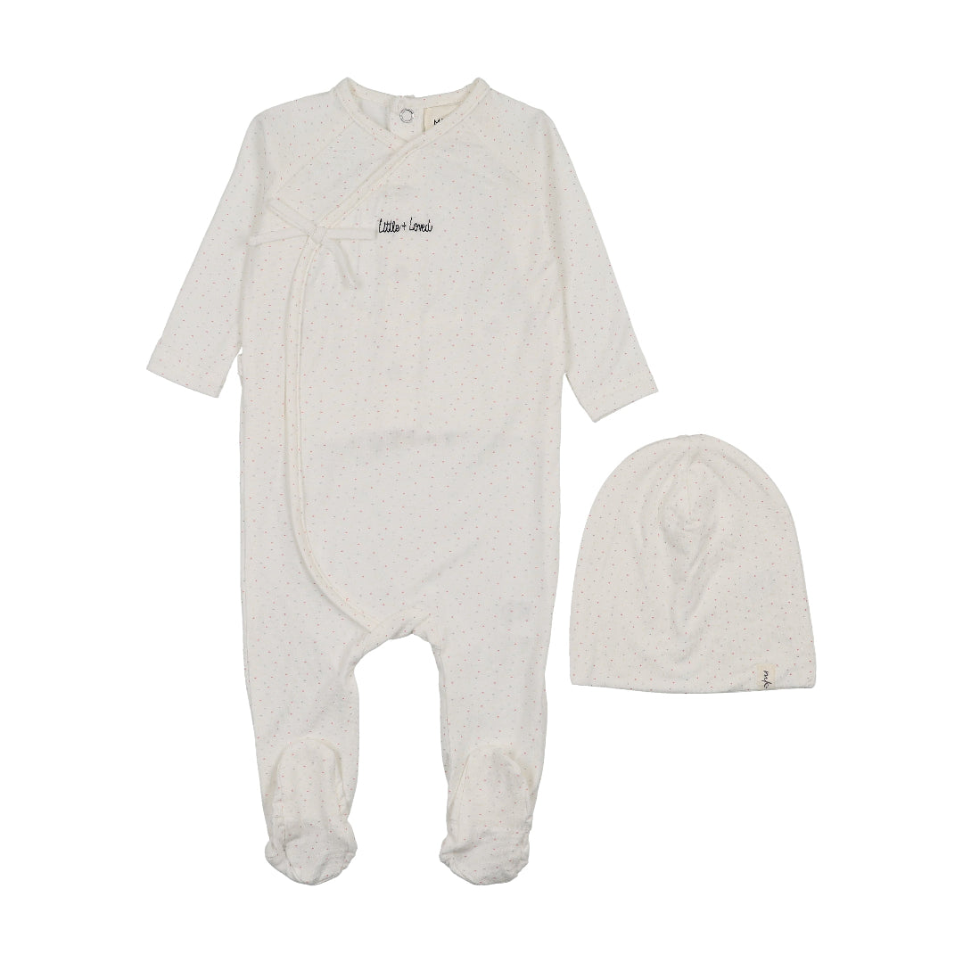 White Colored Dot Print Mock Wrap Footie + Beanie