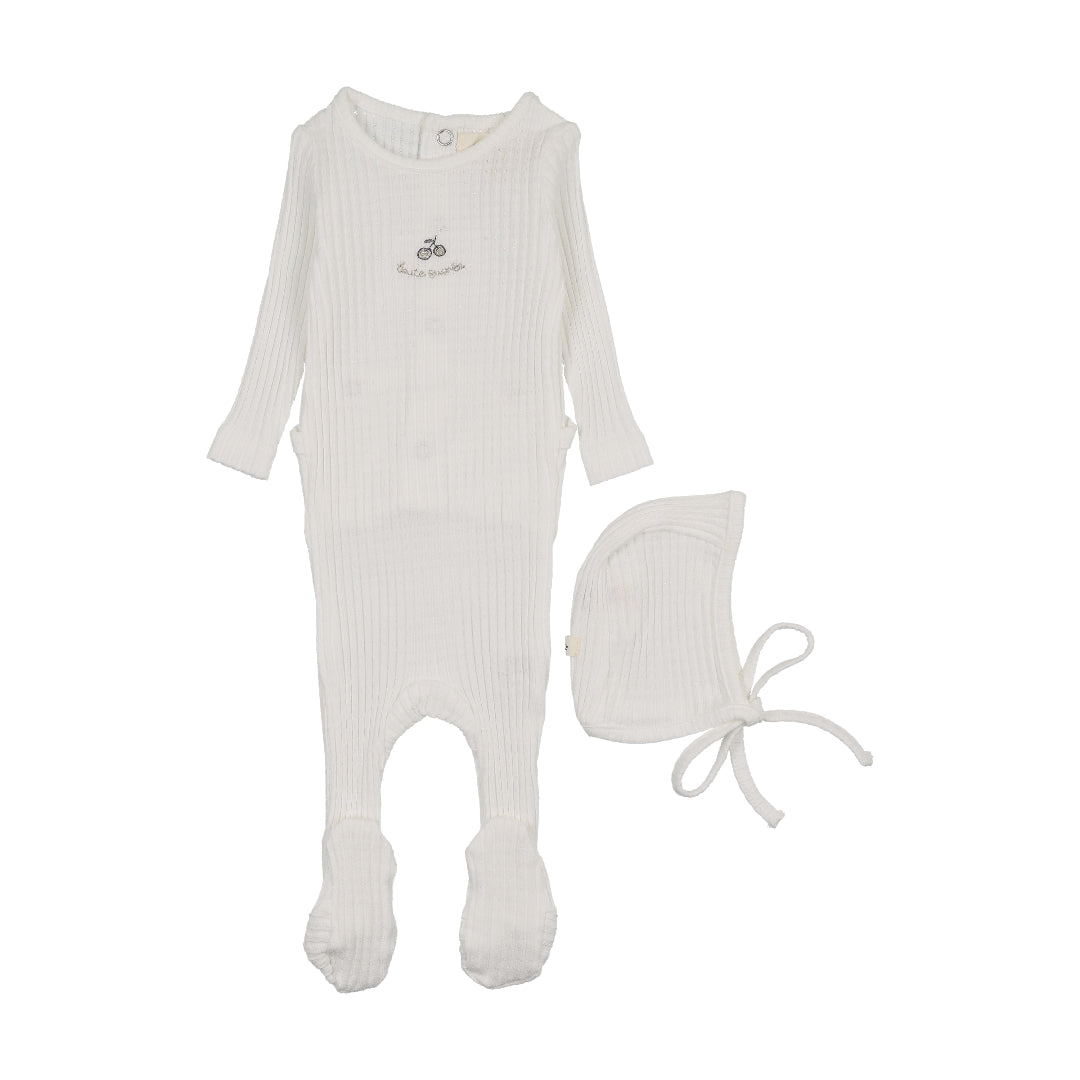 Winter White-Mink Embroidered Textured Footie + Bonnet