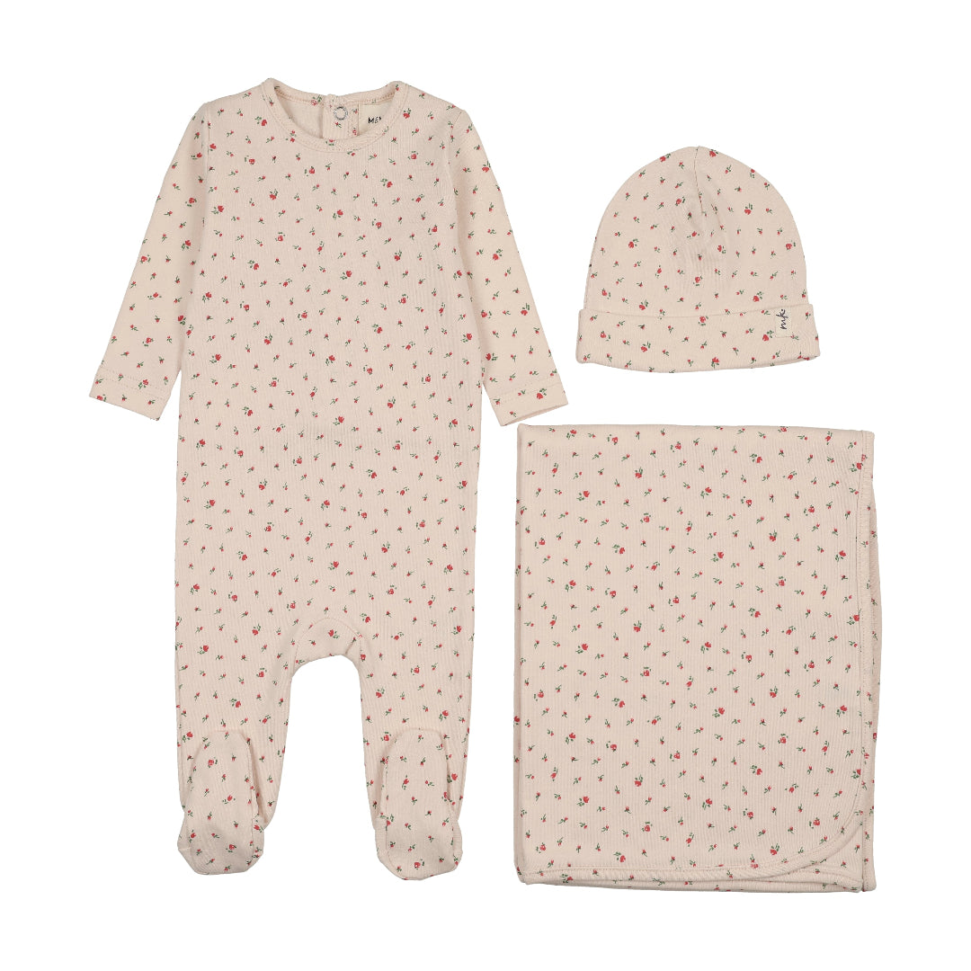 Pink Floral Print Snap Back Footie Three Piece Set
