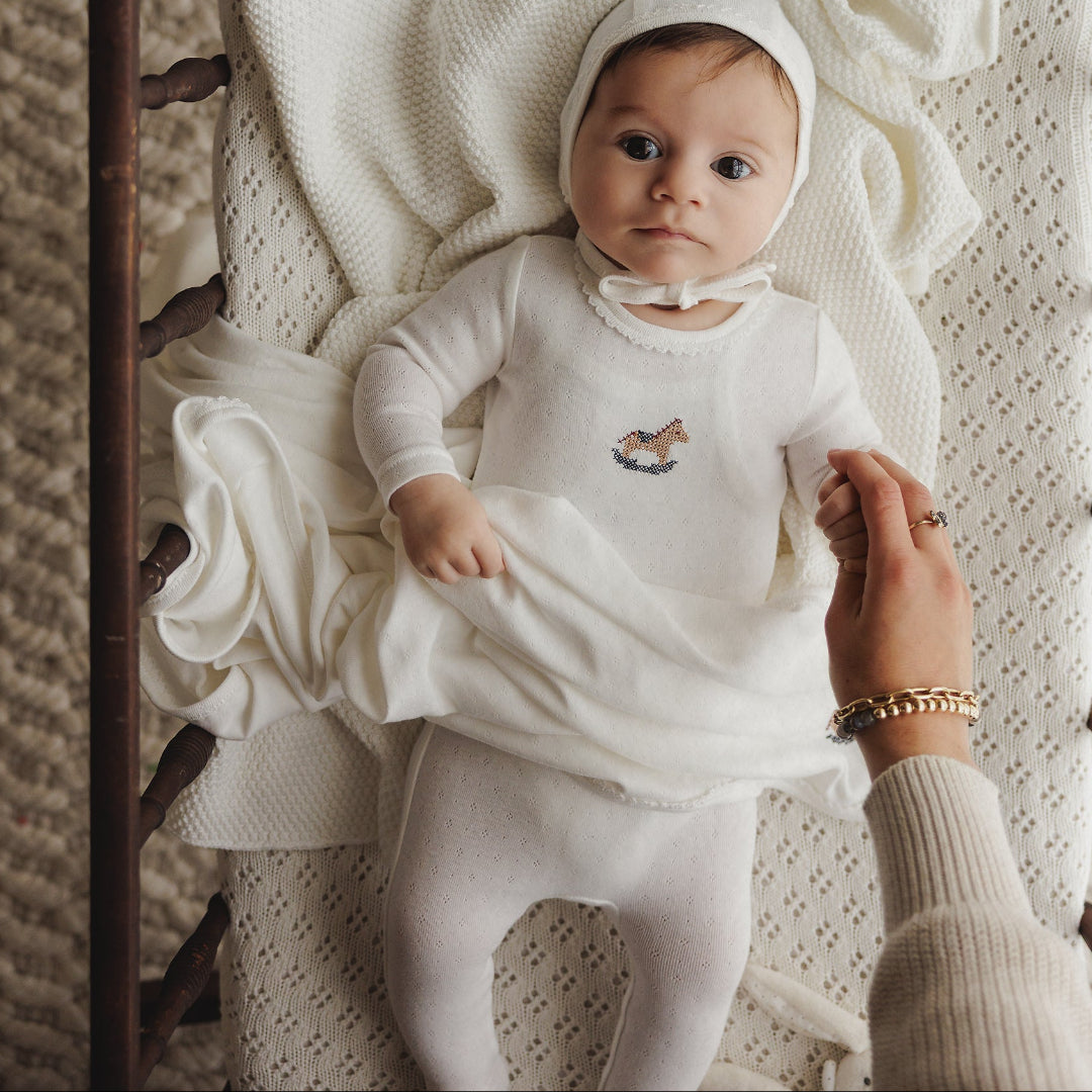 Winter White Pointelle Embroidered Horse Rocker Footie + Bonnet
