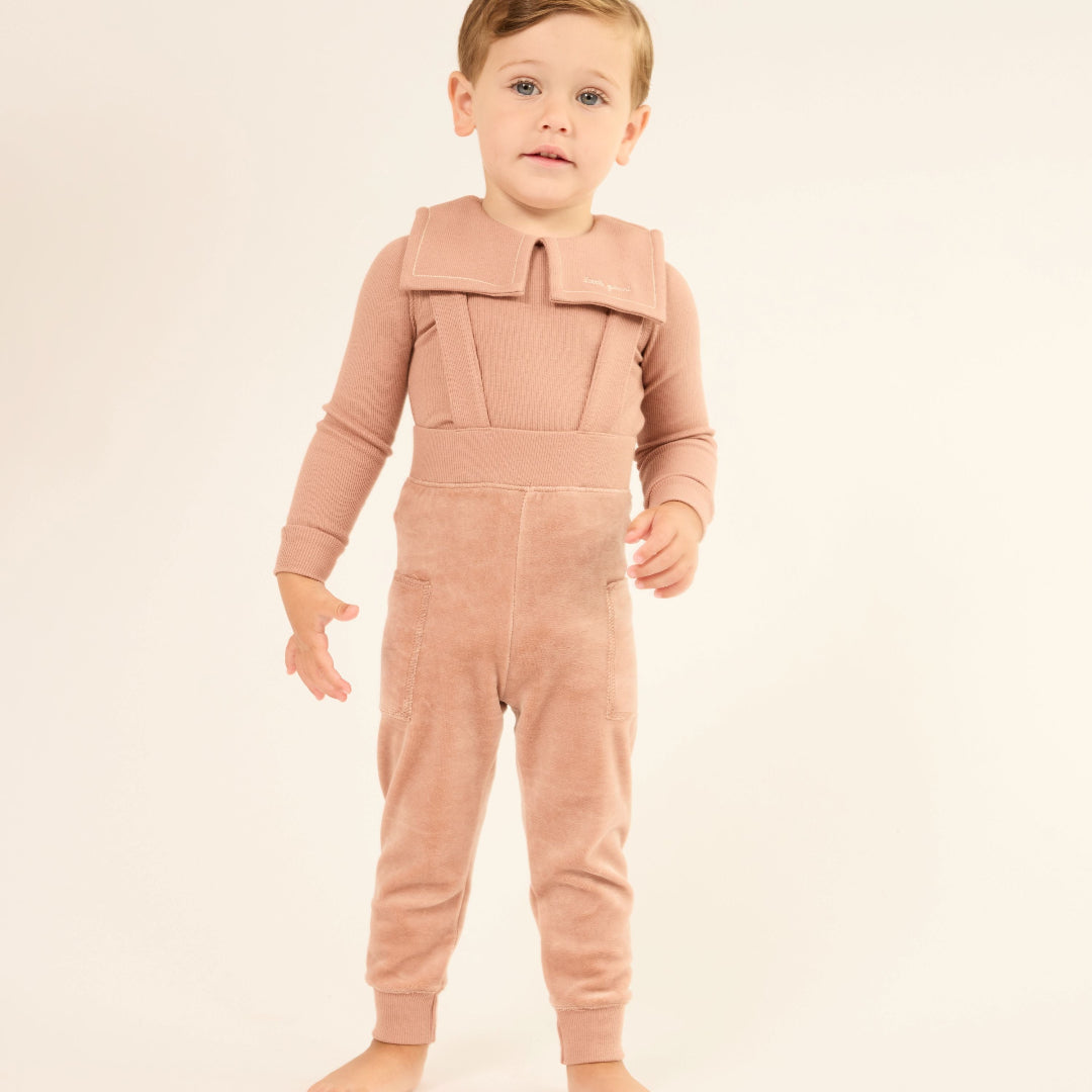 Pink Embroidered Collar Velour Overall Set
