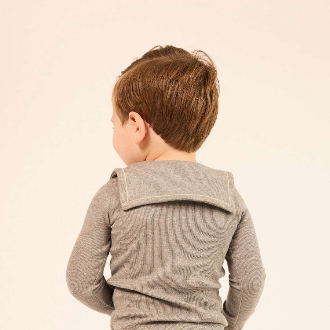 Grey Embroidered Collar Velour Overall Set