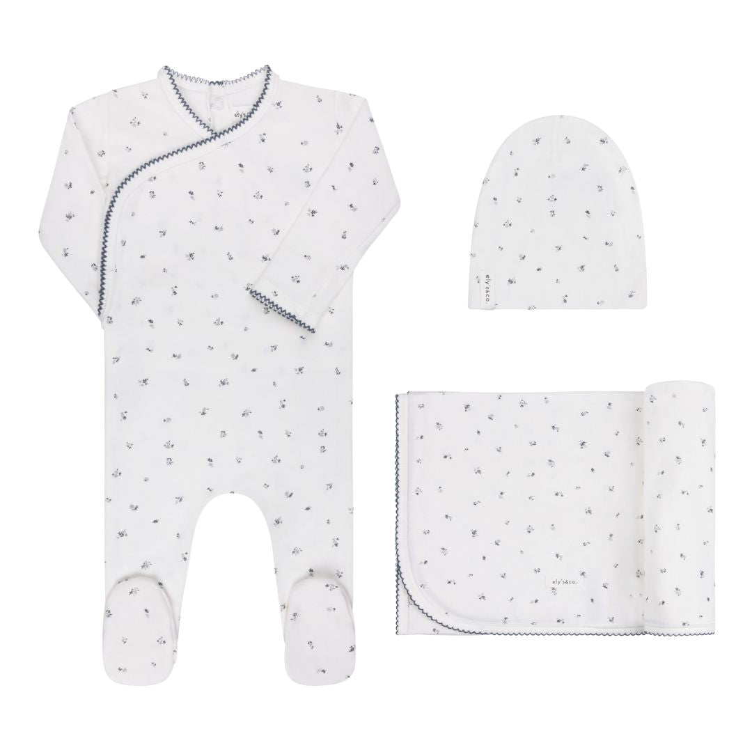 Ivory/ Blue Velour Cluster Leaf Layette Set