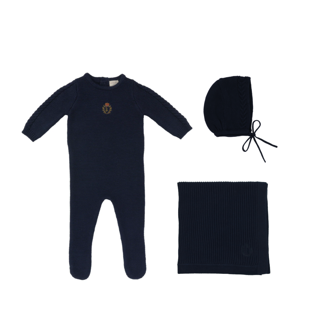 Navy Crest Knit Layette Set