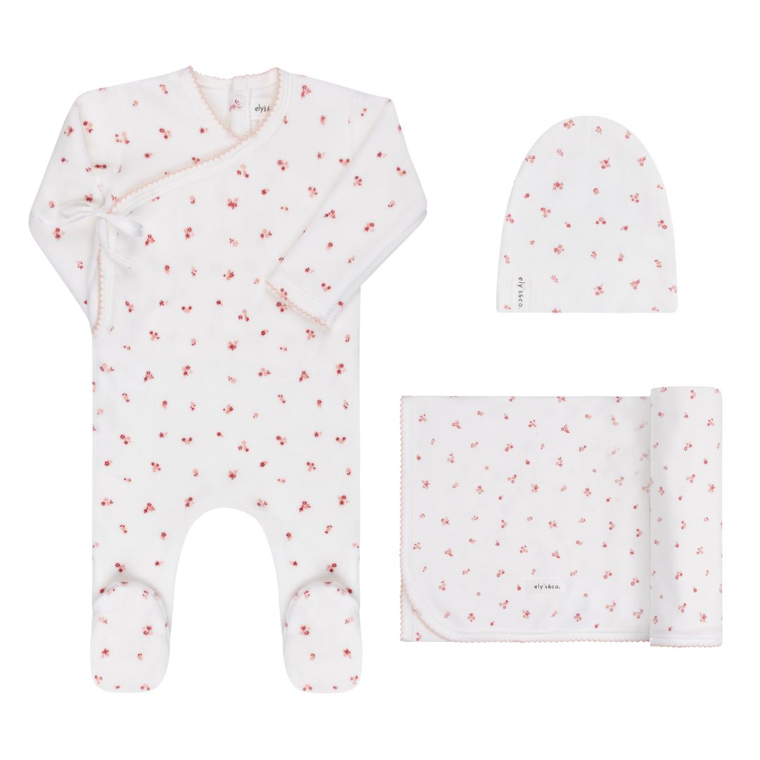 Ivory/ Pink Velour Cluster Flower Layette Set