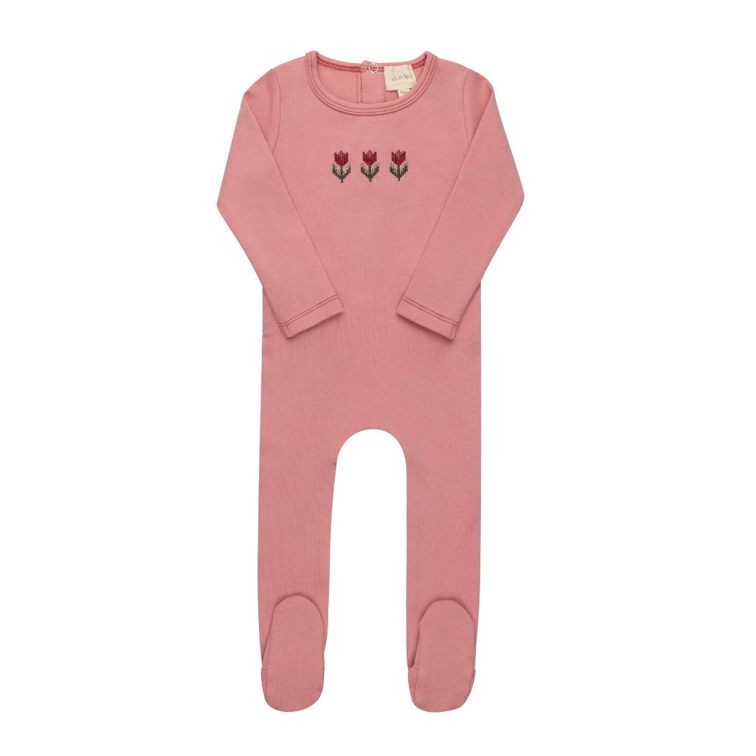 Pink Cotton Crossstich Tulip Collection Footie