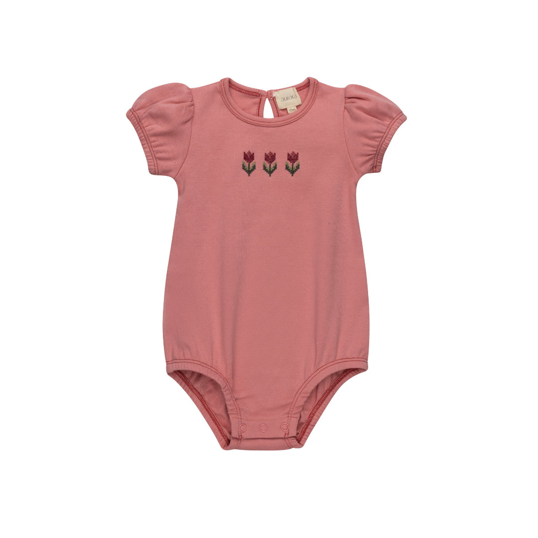 Pink Cotton Crossstich Tulip Collection Romper