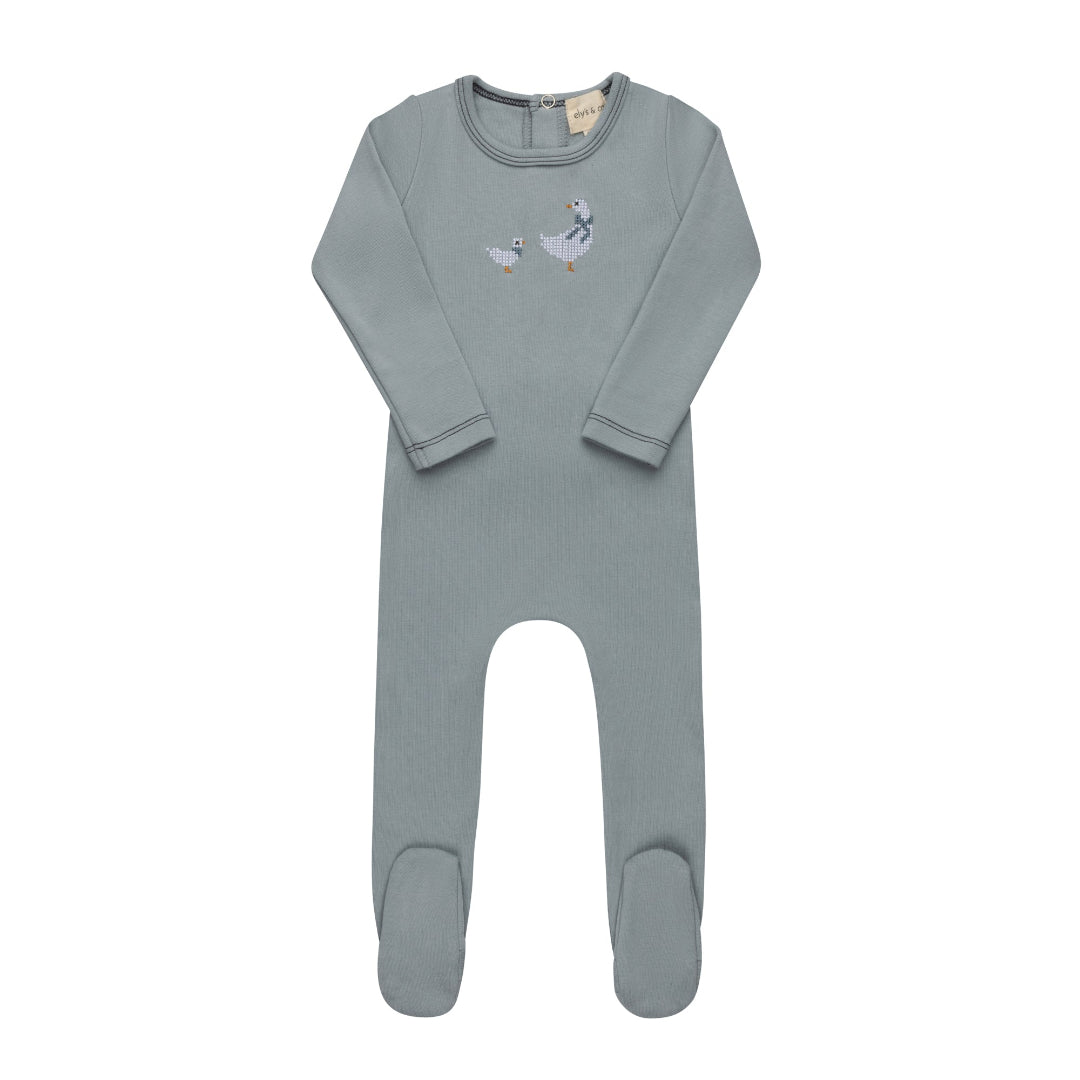 Blue Cotton Cross Stitch Duckling Collection Footie