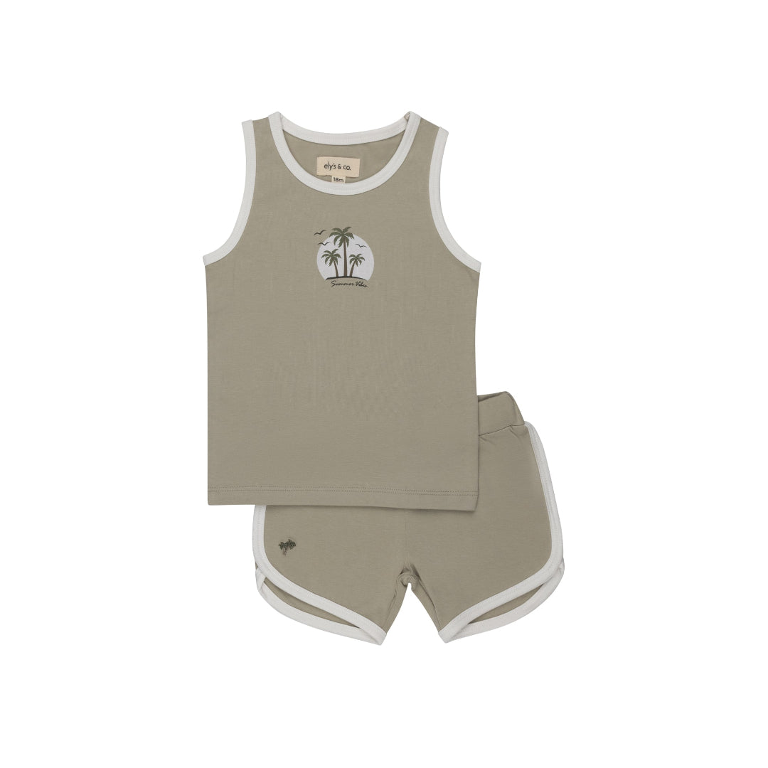 Sage Ribbed Printed Palm Collection Terry Tank and Shorts