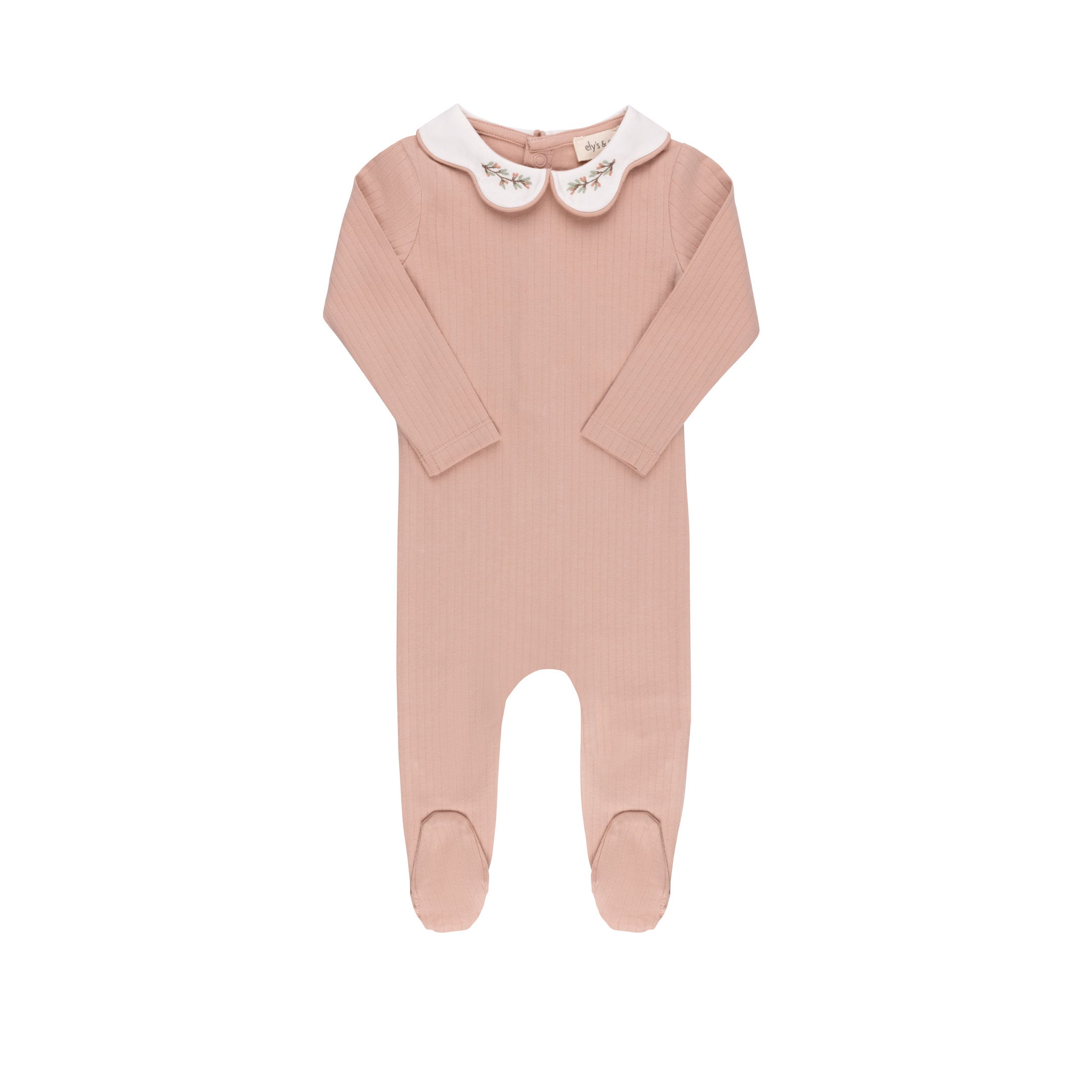 Pink Organic Cotton Wide Rib Embroidered Collar Footie