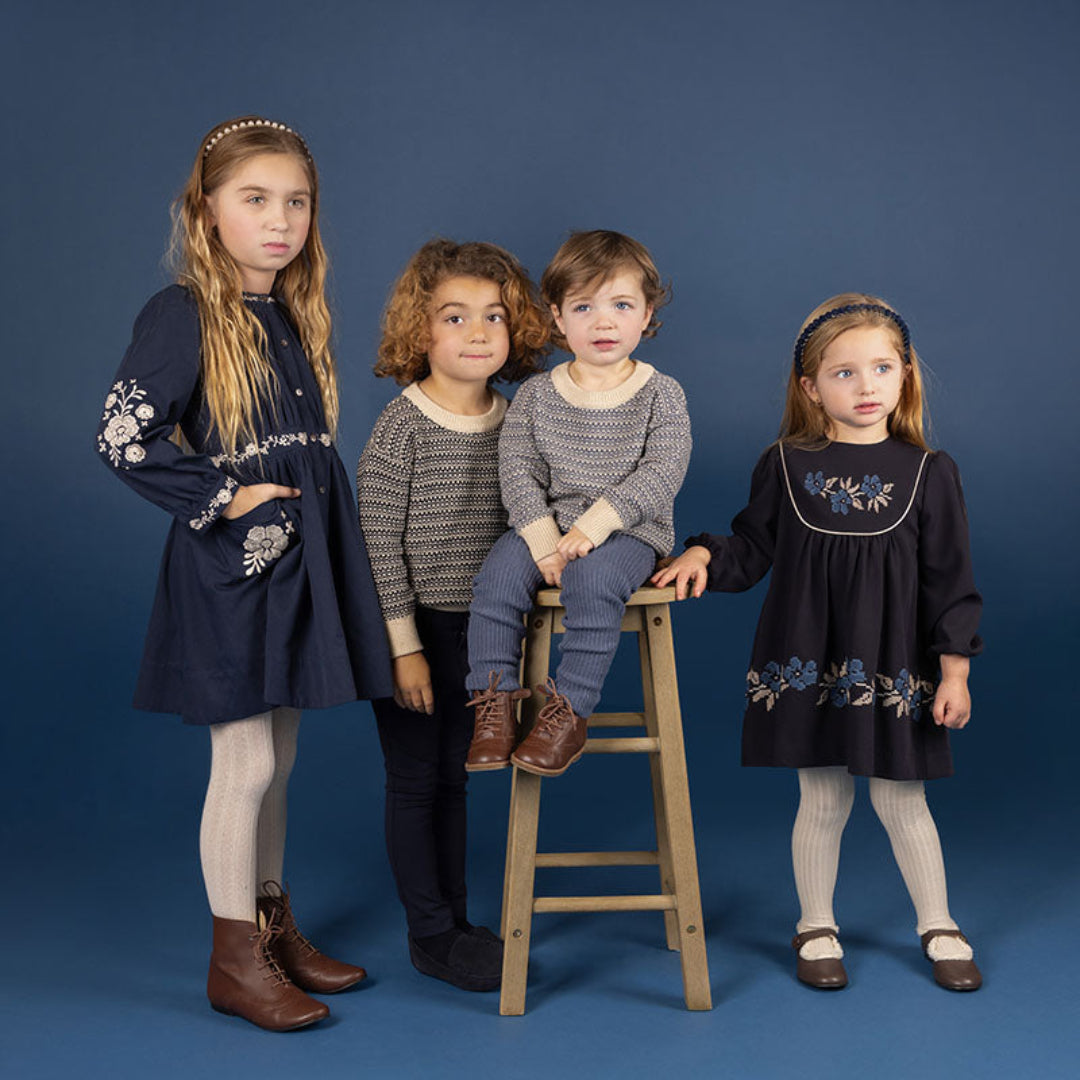 Navy Stitch Embroidered Wool Collection Dress